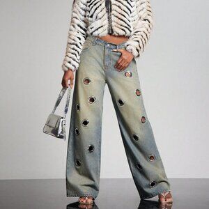 Medium Wash Punk Women's Wide Leg Baggy Jeans